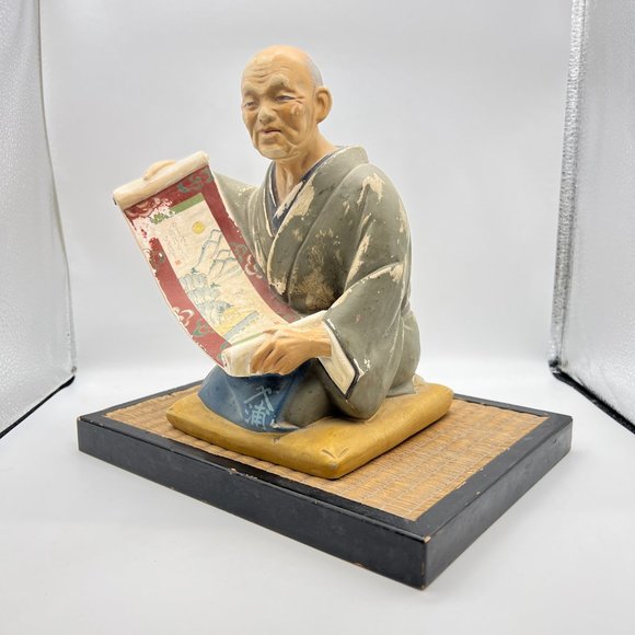 Hakata Urasaki Clay Doll Man Ancient Scroll Moon Painting With Tatami Mat Stand - Picture 3 of 15